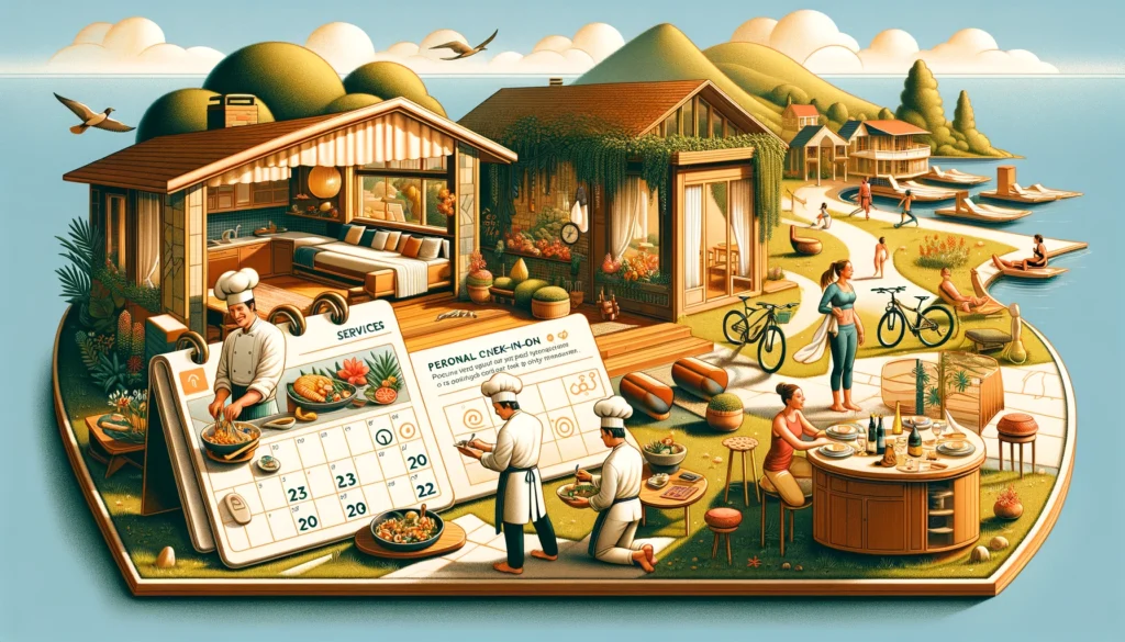 A vibrant illustration showcasing a variety of add-ons available at a vacation rental, including a calendar with early check-in and late check-out options, a chef preparing a meal in a kitchen, bicycles for rent, and a private yoga class on the lawn. The image emphasizes the diverse range of experiences hosts can offer to enhance their guests' stays and increase revenue.
